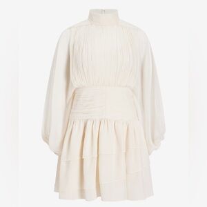 Mock Neck Long Sleeve Pleated Waist Tiered Ruffle Mini Dress